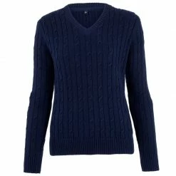 Outlet β Womens 100% Cotton Cable V Neck Talulah Jumper - Navy By Paul James Knitwear π§¨