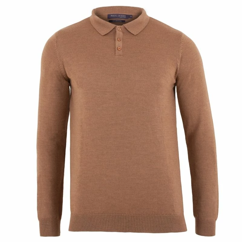 Outlet π Mens Extra Fine Merino Wool Long Sleeve Polo π Shirt - Camel By Paul James Knitwear π 3 Outlet π Mens Extra Fine Merino Wool Long Sleeve Polo π Shirt - Camel By Paul James Knitwear π
