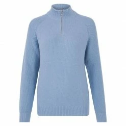 Flash Sale 🛒 Womens Midweight 100% Cotton Quarter Zip Textured Frankie Jumper - Sky Blue By Paul James Knitwear 🌟