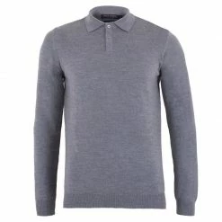 Cheap 🥰 Mens Extra Fine Merino Wool Long Sleeve Polo 👕 Shirt - Mid Grey By Paul James Knitwear 🛒