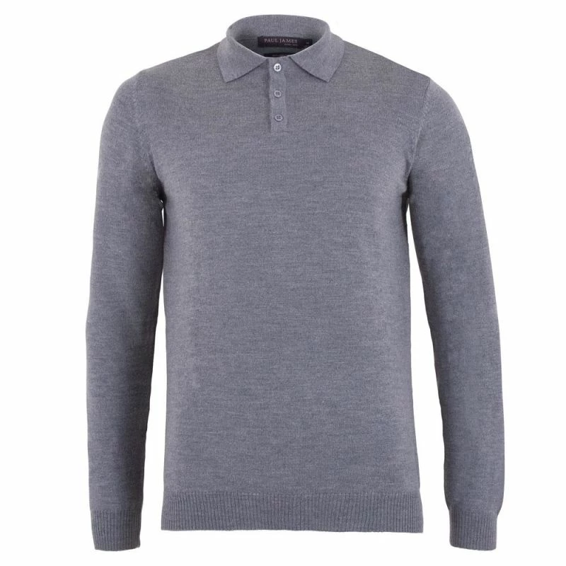 Cheap π₯° Mens Extra Fine Merino Wool Long Sleeve Polo π Shirt - Mid Grey By Paul James Knitwear π 3 Cheap π₯° Mens Extra Fine Merino Wool Long Sleeve Polo π Shirt - Mid Grey By Paul James Knitwear π