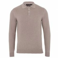 Cheapest ✨ Mens 100% Cotton Long Sleeve Knitted Hall Polo 👚 Shirt - Fawn By Paul James Knitwear 😉