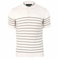 New π Mens 100% Ultra Fine Cotton Breton Short Sleeve Polo Edward π Shirt - Fawn By Paul James Knitwear π―