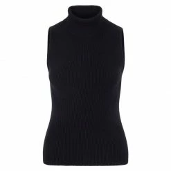 Coupon 🌟 Womens Lightweight 100% Cotton Roll Neck Sleeveless Faith Jumper - Black By Paul James Knitwear 👏