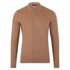 Budget 😀 Mens Lightweight Extra Fine Merino Long Sleeve Aiden 👚 Shirt - Camel By Paul James Knitwear 🎉