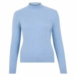 Promo 😍 Womens Lightweight 100% Cotton High Neck Fine Cable Felicity Jumper - Sky Blue By Paul James Knitwear ⌛
