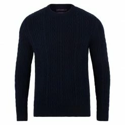 Outlet π Mens Midweight 100% Cotton Chevron Cable Joseph Jumper - Navy By Paul James Knitwear π€©
