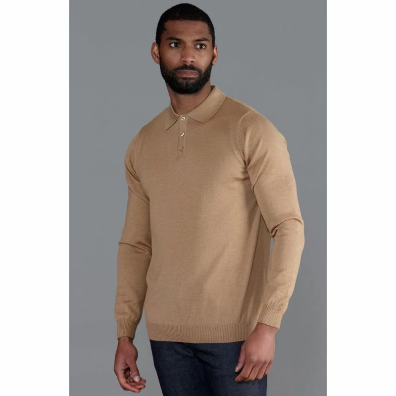 Outlet π Mens Extra Fine Merino Wool Long Sleeve Polo π Shirt - Camel By Paul James Knitwear π 4 Outlet π Mens Extra Fine Merino Wool Long Sleeve Polo π Shirt - Camel By Paul James Knitwear π - Image 2