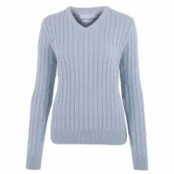 Coupon 👏 Womens 100% Cotton Cable V Neck Talulah Jumper - Pale Blue By Paul James Knitwear 🔔