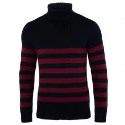 Best Sale 🛒 Men'S Chunky Merino Breton Stripe Submariner Roll Neck Jumper Burgandy By Paul James Knitwear ✨