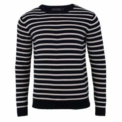 Discount π₯ Mens 100% Cotton All Over Stripe Breton Tyrell Jumper - Navy By Paul James Knitwear π