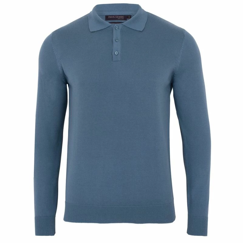 Deals π Mens 100% Cotton Long Sleeve Knitted Hall Polo π Shirt - Bluestone By Paul James Knitwear π 3 Deals π Mens 100% Cotton Long Sleeve Knitted Hall Polo π Shirt - Bluestone By Paul James Knitwear π