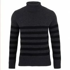 Budget 💯 Men'S Chunky Merino Breton Stripe Submariner Roll Neck Jumper Charcoal By Paul James Knitwear 🔔