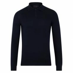 Best Sale 💯 Mens Extra Fine Merino Wool Long Sleeve Polo 👚 Shirt - Navy By Paul James Knitwear ⌛