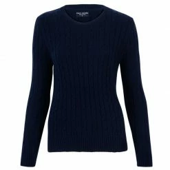 Promo 🎁 Womens 100% Cotton Crew Neck Cable Taylor Jumper - Navy By Paul James Knitwear 🧨
