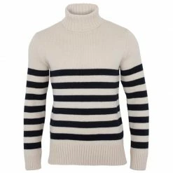 Flash Sale ❤️ Men'S Chunky Merino Breton Stripe Submariner Roll Neck Jumper Ecru By Paul James Knitwear 😀