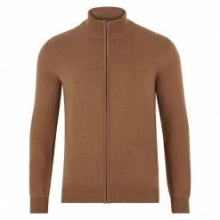 Discount 😉 Mens Lightweight 100% Cotton High Neck Zip Through Henry Jumper - Camel By Paul James Knitwear 👏