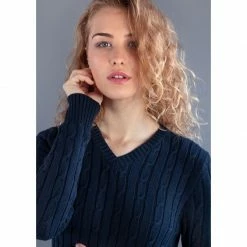 Outlet ⭐ Womens 100% Cotton Cable V Neck Talulah Jumper - Navy By Paul James Knitwear 🧨 -us-Paul James Knitwear Sales 2022 krxyece0sdpegrox3ox6