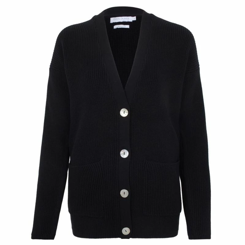 Wholesale β Womens Midweight 100% Cotton Ribbed V Neck Freya Cardigan With Pockets - Black By Paul James Knitwear π 3 Wholesale β Womens Midweight 100% Cotton Ribbed V Neck Freya Cardigan With Pockets - Black By Paul James Knitwear π