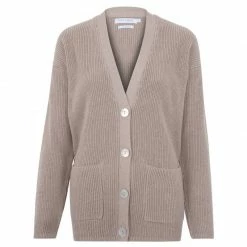 Best Pirce 😀 Womens Midweight 100% Cotton Ribbed V Neck Freya Cardigan With Pockets - Fawn By Paul James Knitwear 👏