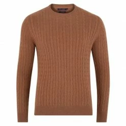 Discount 🧨 Mens Lightweight 100% Cotton Crew Neck Fine Cable Liam Jumper - Camel By Paul James Knitwear 🎁
