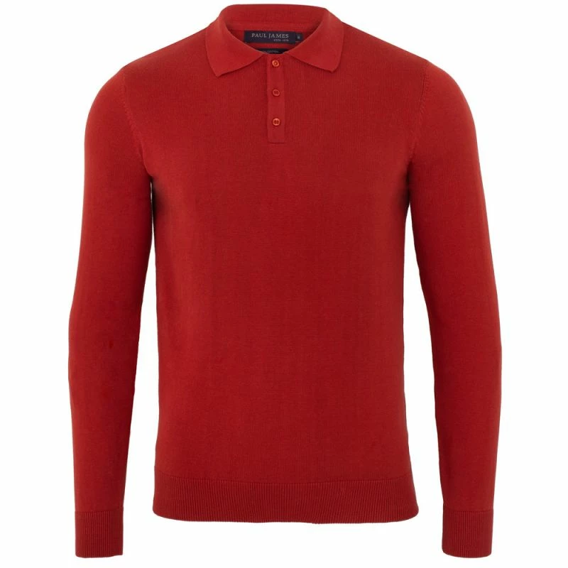 Outlet π Mens 100% Cotton Long Sleeve Knitted Hall Polo π Shirt - Paprika By Paul James Knitwear β 3 Outlet π Mens 100% Cotton Long Sleeve Knitted Hall Polo π Shirt - Paprika By Paul James Knitwear β