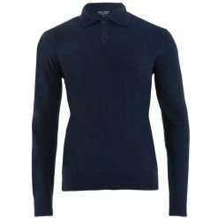 Cheapest π Mens 100% Cotton Long Sleeve Knitted Hall Polo π Shirt - Navy By Paul James Knitwear π