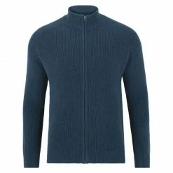 Brand new 🔥 Mens Midweight 100% Cotton High Neck Ribbed Zip Through Daniel Jumper - Blue Melange By Paul James Knitwear ⌛