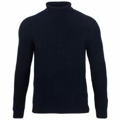 Outlet ⌛ Mens 100% Cotton Fisherman Rib Knit Roll Neck Jacob Jumper - Navy By Paul James Knitwear ❤️