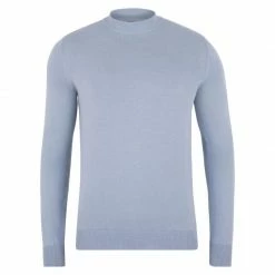 Outlet 🔔 Mens 100% Cotton Narrow Mock Turtleneck Jumper Chalk Blue By Paul James Knitwear 👍