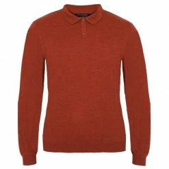 Hot Sale π Mens Extra Fine Merino Wool Long Sleeve Polo π Shirt - Burnt Orange By Paul James Knitwear π