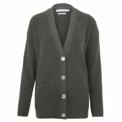 Cheap π Womens Midweight 100% Cotton Ribbed V Neck Freya Cardigan With Pockets - Khaki By Paul James Knitwear β¨