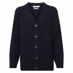 Best Sale 😉 Womens 100% Lambswool V Neck Ribbed Layla Cardigan With Pockets - Oxford Blue By Paul James Knitwear 🧨