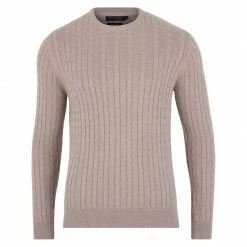Brand new 🎁 Mens Lightweight 100% Cotton Crew Neck Fine Cable Liam Jumper - Fawn By Paul James Knitwear 🧨