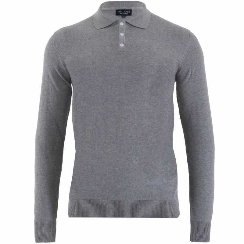 Buy π Mens 100% Cotton Long Sleeve Knitted Hall Polo π Shirt - Ash Grey By Paul James Knitwear π 3 Buy π Mens 100% Cotton Long Sleeve Knitted Hall Polo π Shirt - Ash Grey By Paul James Knitwear π