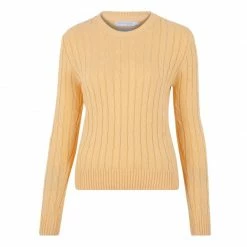 Best Sale 😉 Womens 100% Cotton Crew Neck Cable Taylor Jumper - Golden Haze By Paul James Knitwear ✨