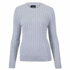 Flash Sale 😀 Womens 100% Cotton Crew Neck Cable Taylor Jumper - Light Grey By Paul James Knitwear 🎉