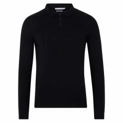 Flash Sale 😀 Mens Extra Fine Merino Wool Long Sleeve Polo 👚 Shirt - Black By Paul James Knitwear 🌟