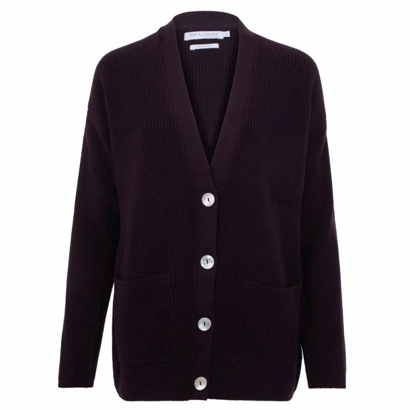 Promo π Womens Midweight 100% Cotton Ribbed V Neck Freya Cardigan With Pockets - Aubergine By Paul James Knitwear π 3 Promo π Womens Midweight 100% Cotton Ribbed V Neck Freya Cardigan With Pockets - Aubergine By Paul James Knitwear π