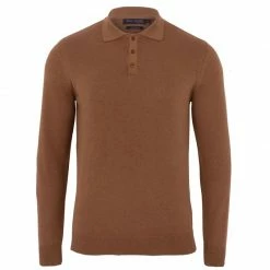 Flash Sale 🤩 Mens 100% Cotton Long Sleeve Knitted Hall Polo 👚 Shirt - Camel By Paul James Knitwear 🎉